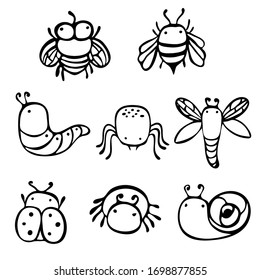 Insects drawn by a line. Set of small, thick, simple  Insects, doodle style. Print for children's coloring, print for clothes, t-shirts, cups, postcard. Coloring. Vector. Line insect.