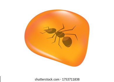  Insects in a drop of amber isolated on white background. Ancient amber midge inclusion. Piece of amber with a ant inside. Stone with a prehistoric insect. Fossilised tree resin. Stock vector
