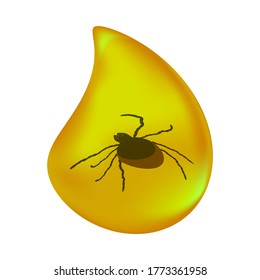 Insects in a drop of amber isolated on white background. Ancient amber midge inclusion. Piece of amber with tick inside.Stone with a prehistoric insect. Fossilised tree resin.Stock vector illustration