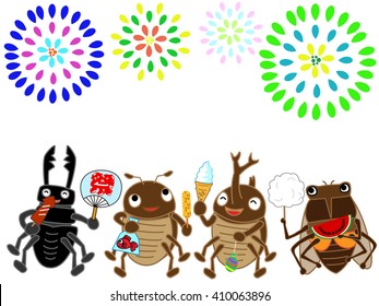 Insects enjoy seeing fireworks for a summer festival. The Japanese text means festivals.