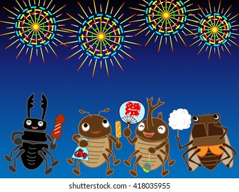 Insects enjoy seeing fireworks for a summer festival. The Japanese text means festivals.