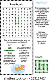 Insects, etc. themed word search puzzle. Answer included.
