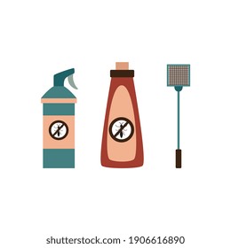 Insects extermination and pest control sprays and fly swatter, flat vector illustration isolated on white background. Insecticides and toxic chemicals bottles.