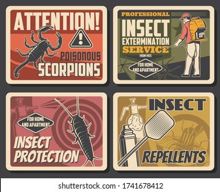 Insects extermination service, pest control and house disinsection. Vector centipede, scorpion and spider, fly, moth and bug fumigation. Domestic disinfestation and pest control vintage retro posters