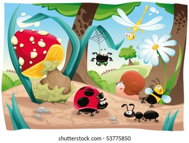 Insects family on the ground. Funny cartoon and vector scene. Objects isolated.