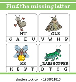 Insects Find the missing letter Game for Preschool Children