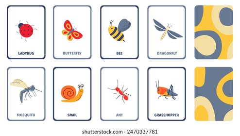 Insects flashcards collection for kids. Flash cards set with cute characters for practicing reading skills. Vector illustration