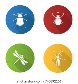 Insects flat design long shadow glyph icons set. Chafer, hercules beetle, dragonfly, grasshopper. Vector silhouette illustration