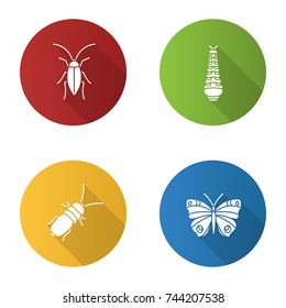 Insects flat design long shadow glyph icons set. Cockroach, caterpillar, butterfly, stink beetle. Vector silhouette illustration