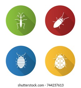 Insects flat design long shadow glyph icons set. Mantis, cockroach, woodlice, ladybug. Vector silhouette illustration