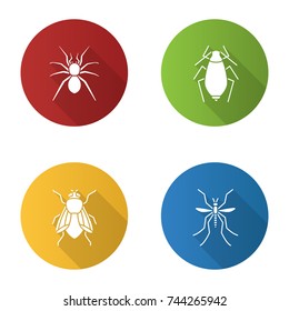 Insects flat design long shadow glyph icons set. Spider, aphid, housefly, mosquito. Vector silhouette illustration