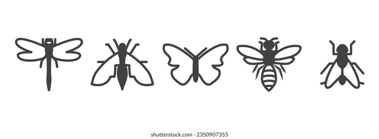 Insects flat icon collection.  flying insects and beetles. Butterflies, insects, beetles, grasshoppers, cockroaches, bees, and flys vector illustrations. Outline the signs of an insect pest