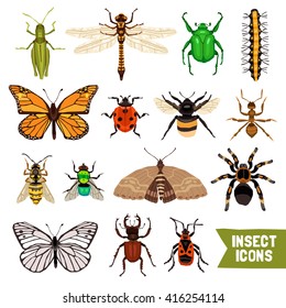 Insects Flat Icons Set with Fly Ladybug and Bumblebee Isolated Vector Illustration