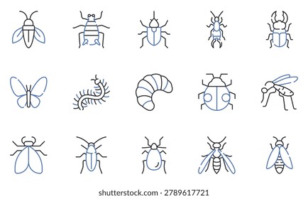 Insects Flat Line Icons Set Bee, Butterfly, Beetle, Ladybug, Firefly, Mosquito, Fly, Centipede and Bug Editable Stroke Vector Illustration