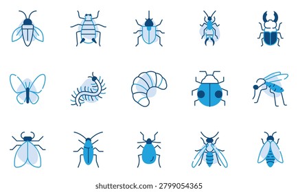 Insects Flat Line Icons Set Bee, Butterfly, Beetle, Ladybug, Firefly, Mosquito, Fly, Centipede and Bug Editable Stroke Vector Illustration
