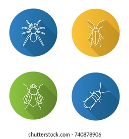 Insects flat linear long shadow icons set. Spider, cockroach, housefly, stink bug. Vector outline illustration