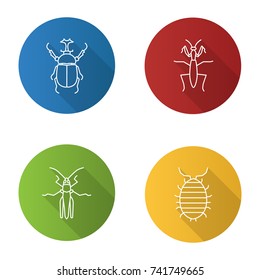 Insects flat linear long shadow icons set. Hercules beetle, mantis, grasshopper, woodlouse. Vector outline illustration