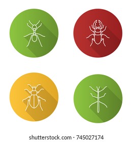 Insects flat linear long shadow icons set. Ant, stag beetle, ground bug, phasmid. Vector outline illustration