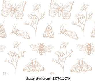 Insects with flowers botanical pattern on white
