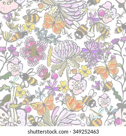 insects and flowers handmade. seamless background. Vector