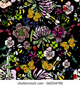 insects and flowers handmade. seamless background. Vector