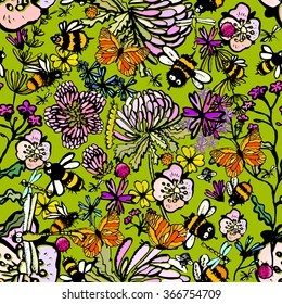 insects and flowers handmade. seamless background. Vector
