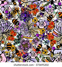 insects and flowers handmade. seamless background. Vector