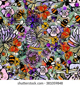 insects and flowers handmade. seamless background. Vector