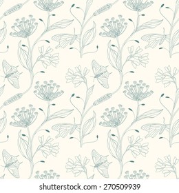 insects and flowers on a white background in seamless pattern