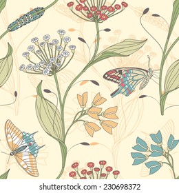 insects and flowers on a yellow background in seamless pattern