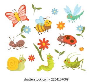Insects and flowers set. Collection of graphic elements for website. Plants, caterpillar and butterfly, ladybug. Nature and spring. Cartoon flat vector illustrations isolated on white background