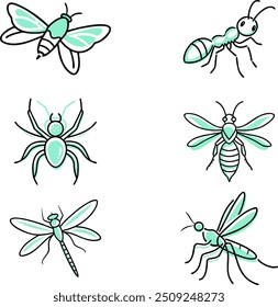 Insectos mosca, mosquito, hormiga, araña, libélula y avispa. Bocetos de Vector en estilo doodle sobre un fondo transparente