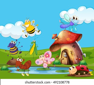 Insects flying around the pond illustration