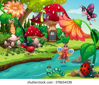 Insects flying by the river illustration