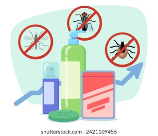Insects in forbidden circles and different repellents vector illustration. Arrow up on background as symbol of control of pathogenic mosquitoes and insects