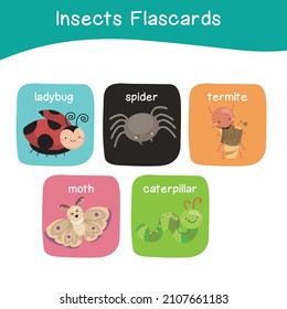 Insects Game Flashcards for Preschool Children. Cute flashcards for preschool children. Educational printable game cards with images using funny insect animals for kids. Vector illustration.