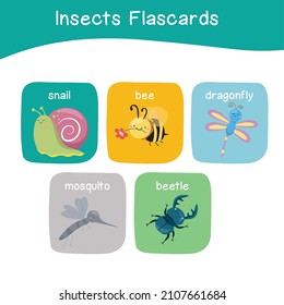 Insects Game Flashcards for Preschool Children. Cute flashcards for preschool children. Educational printable game cards with images using funny insect animals for kids. Vector illustration.