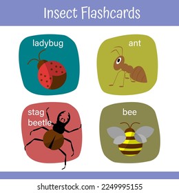 Insects Game Flashcards for Preschool Children. Educational worksheet for kids. Ladybug, stag beetle, bee, ant. Vector illustration