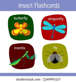 Insects Game Flashcards para niños de preescolar. Hoja de trabajo educativa para niños. Orando a Mantis, Mosca, Mariposa, Dragonfly. Establecer. Ilustración del vector