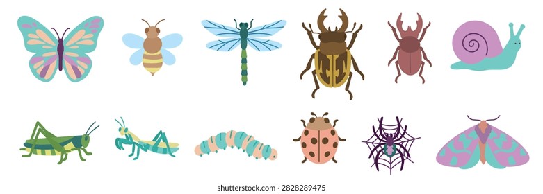 Insects and garden bugs set vector illustration. Flat cartoon butterfly, bee, dragonfly, beetle, grasshopper, ladybug, spider, and caterpillar collection
