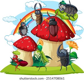 Insects gathered on mushrooms under a rainbow