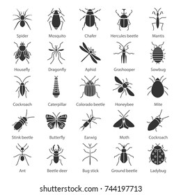 Insects glyph icons set. Bugs. Silhouette symbols. Entomologist collection. Butterfly, earwig, stag bug, phasmid, moth, ant, mantis, spider. Vector isolated illustration