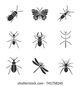 Insects glyph icons set. Darkling beetle, butterfly, earwig, stag and ground bugs, phasmid, ant, dragonfly, spider. Silhouette symbols. Vector isolated illustration