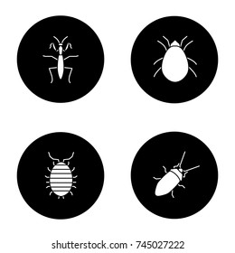 Insects glyph icons set. Mantis, cockroach, woodlice, mite. Vector white silhouettes illustrations in black circles