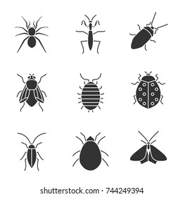 Insects glyph icons set. Spider, mantis, cockroach, woodlice, housefly, ladybug, mite, moth. Silhouette symbols. Vector isolated illustration