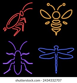 insects group of neon icons, vector illustration on black background.