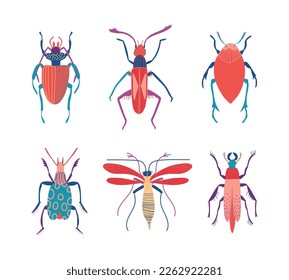 Insects as Hexapod Flying and Crawling Creature with Jointed Legs and Pair of Antennae Vector Set