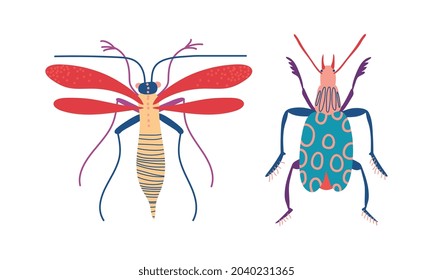 Insects as Hexapod Flying Creature with Jointed Legs and Pair of Antennae Vector Set