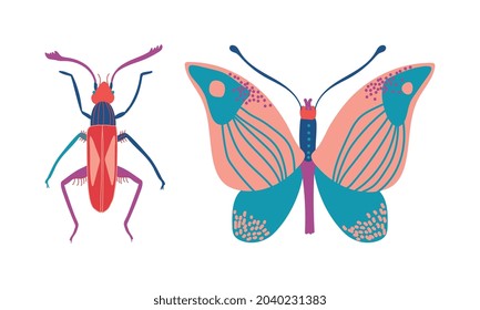 Insects as Hexapod Flying Creature with Jointed Legs and Pair of Antennae Vector Set