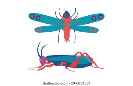 Insects as Hexapod Flying Creature with Jointed Legs and Pair of Antennae Vector Set